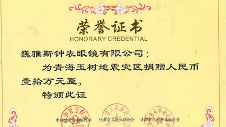 青海玉樹地震災區(qū)捐款證書